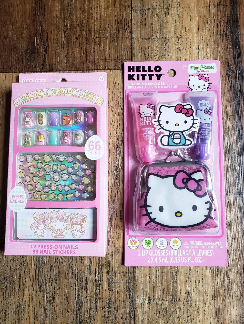 Hello Kitty Pink Nail Set & Plant Based Lip Gloss Coin  Pouch Duo
